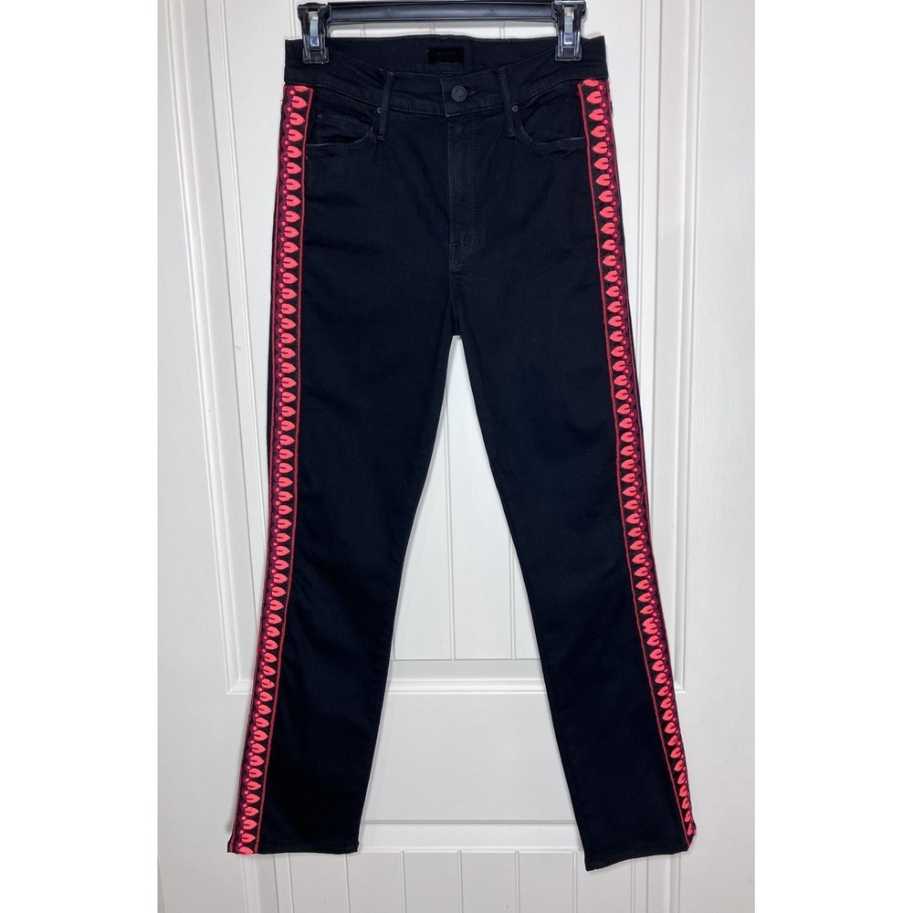MOTHER The Mid Rise Dazzler Ankle Up In Flames Black Jeans Embroidered 27 Rare